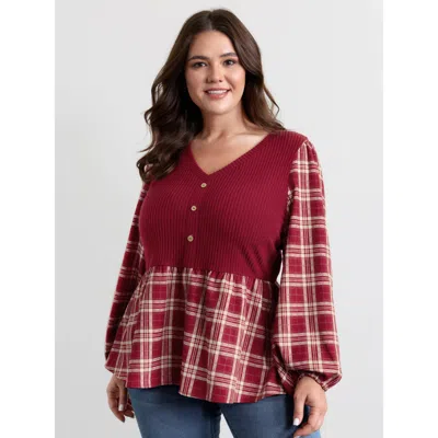 Bloomchic Women's Plus Size Plaid Layered Color Contrast Blouse Brightred Plaid Casual Extra Long Sleeve 12/l