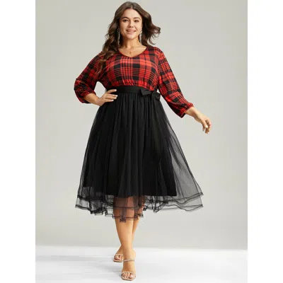 Bloomchic Women's Plus Size Plaid Mesh Patchwork Elastic Waist Belted Dress Raspberry Festival-christmas Elast In Pink
