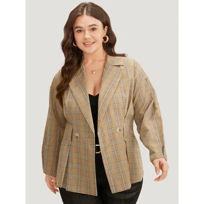 Bloomchic Women's Plus Size Plaid Metal Buckle Detail Pleated Blazer Tan Plaid Belted 10/m In Brown