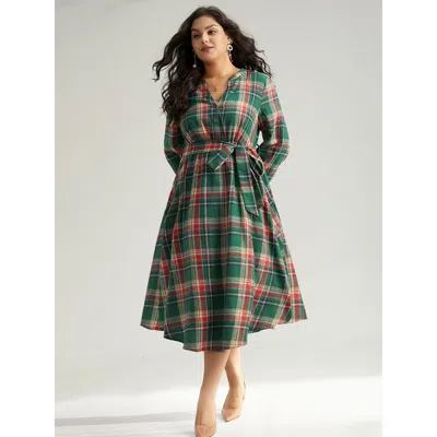 Bloomchic Women's Plus Size Plaid Notched Belted Pocket Curved Hem Dress Emerald Festival-christmas Elastic Cu In Green