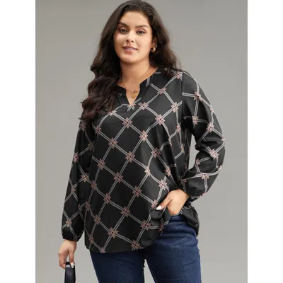 Bloomchic Women's Plus Size Plaid Notched Elastic Cuffs Blouse Blackflower Office Long Sleeve 10/m