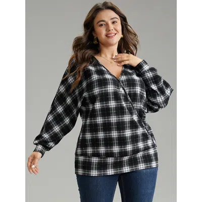Bloomchic Women's Plus Size Plaid Overlap Collar Long Sleeve Sweatshirt Black Plaid Dailywear 12/l