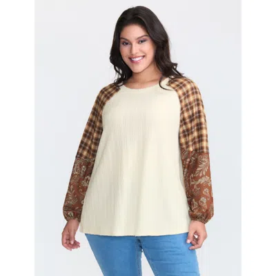 Bloomchic Women's Plus Size Plaid Paisley Print Textured Sweatshirt Ivory Casual 10/m In White