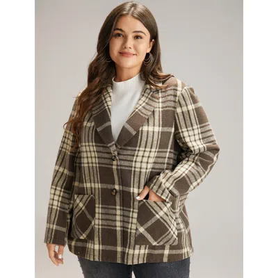 Bloomchic Women's Plus Size Plaid Patched Pocket Button Through Coat Darkbrown Colorblock 10/m In Brown
