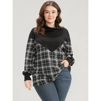 Bloomchic Women's Plus Size Plaid Patchwork Button Detail Funnel Neck Sweatshirt Black Plaid Dailywear 14-16/1