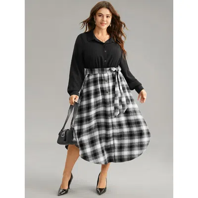 Bloomchic Women's Plus Size Plaid Patchwork Button Through Belted Dress Black Office Belted 30/6x
