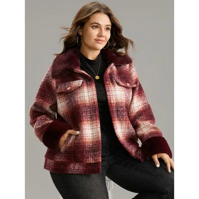 Bloomchic Women's Plus Size Plaid Patchwork Button Through Fuzzy Trim Jacket Multicolor Lined 10/m