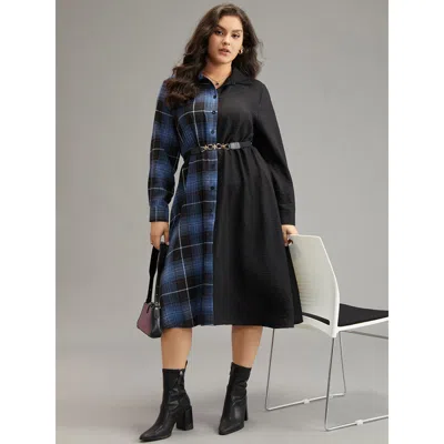 Bloomchic Women's Plus Size Plaid Patchwork Button Through Pocket Dress Multicolor Office Colorblock 18-20/2x