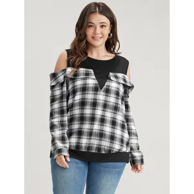 Bloomchic Women's Plus Size Plaid Patchwork Cold Shoulder Sweatshirt Black Plaid Dailywear 14-16/1x