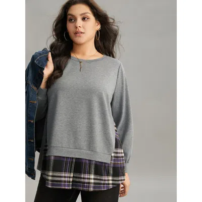 Bloomchic Women's Plus Size Plaid Patchwork Contrast Crew Neck Sweatshirt Gray Plaid Dailywear 14-16/1x