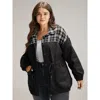Bloomchic Women's Plus Size Plaid Patchwork Contrast Drawstring Button Up Jacket Black Elastic Cuffs 12/l In Black