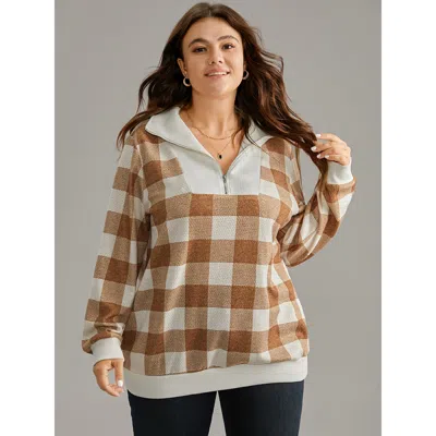 Bloomchic Women's Plus Size Plaid Patchwork Contrast Half Zip Sweatshirt Bronze Plaid Dailywear 14-16/1x In Brown
