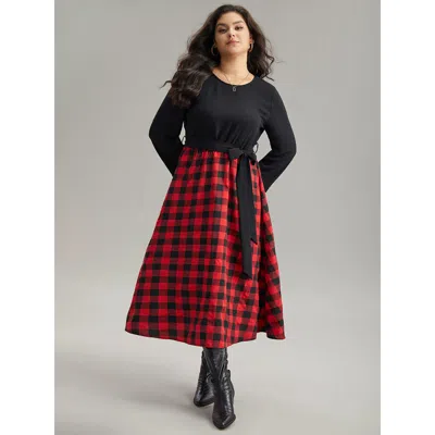 Bloomchic Women's Plus Size Plaid Patchwork Contrast Round Neck Belted Dress Black Dailywear Belted 14-16/1x