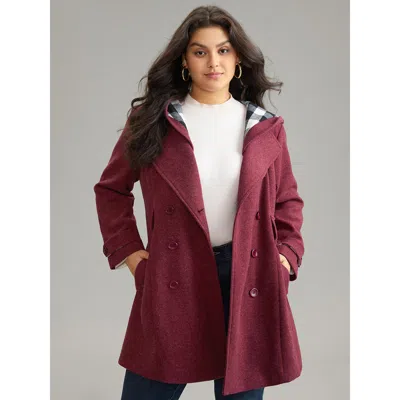 Bloomchic Women's Plus Size Plaid Patchwork Double Breasted Belted Hooded Coat Burgundy Lined 18-20/2x