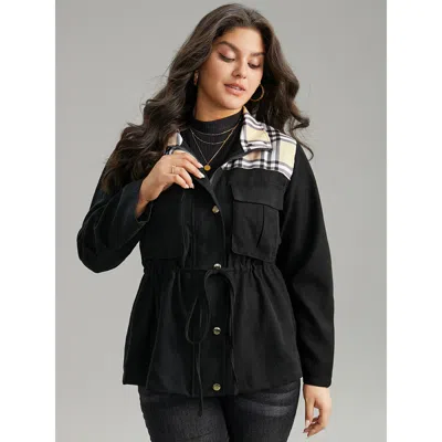 Bloomchic Women's Plus Size Plaid Patchwork Drawstring Zipper Fly Flap Pocket Coat Black Colorblock 10/m