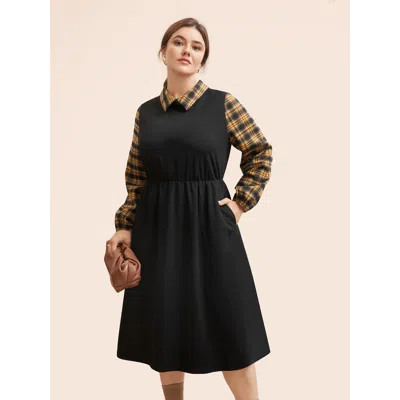 Bloomchic Women's Plus Size Plaid Patchwork Elastic Waist Midi Dress Mustardyellow Plaid Midi Office Patchwork