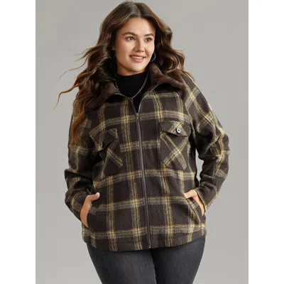 Bloomchic Women's Plus Size Plaid Patchwork Fuzzy Trim Zipper Fly Coat Darkbrown Colorblock 12/l In Brown