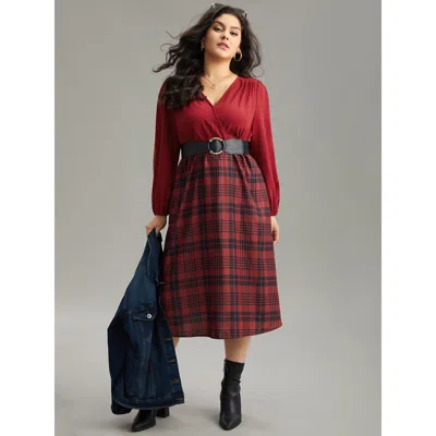 Bloomchic Women's Plus Size Plaid Patchwork Gathered Lantern Sleeve Dress Raspberry Dailywear Elastic Cuffs 12 In Pink