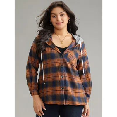 Bloomchic Women's Plus Size Plaid Patchwork Hooded Drawstring Button Through Jacket Chocolate Colorblock H-lin In Brown