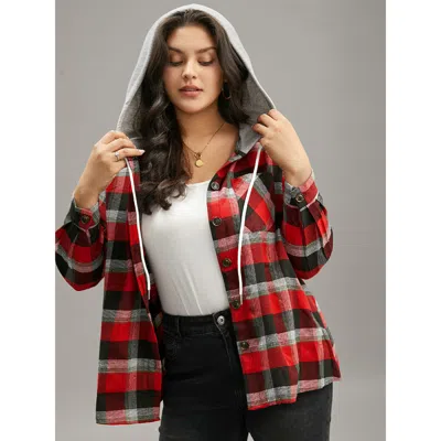 Bloomchic Women's Plus Size Plaid Patchwork Hooded Drawstring Button Through Jacket Red Colorblock H-line 12/l