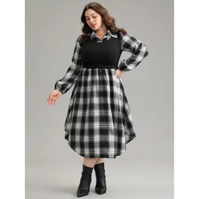 Bloomchic Women's Plus Size Plaid Patchwork Jacquard Button Detail Arc Hem Dress Black Dailywear Elastic Cuffs