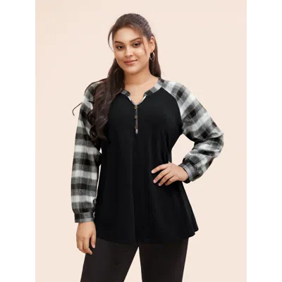 Bloomchic Women's Plus Size Plaid Patchwork Notched Button Detail Sweatshirt Black Not Graphics Casual V-notch