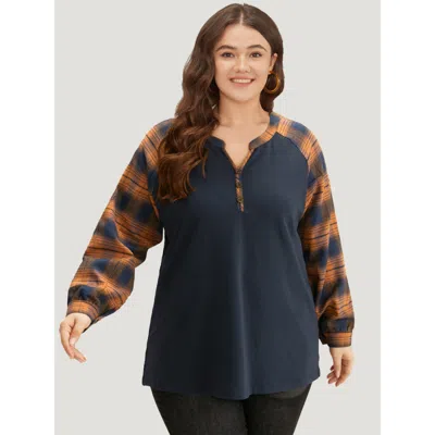 Bloomchic Women's Plus Size Plaid Patchwork Notched Button Detail Sweatshirt Chocolate Not Graphics Casual V-n In Brown