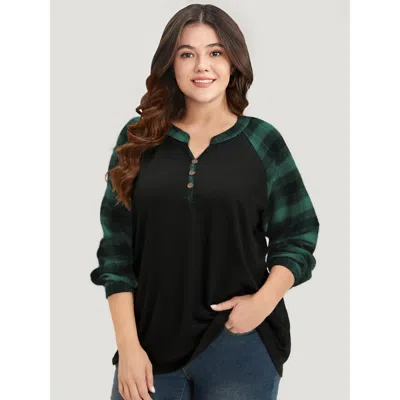 Bloomchic Women's Plus Size Plaid Patchwork Notched Button Detail Sweatshirt Green Not Graphics Casual V-notch
