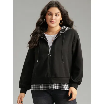 Bloomchic Women's Plus Size Plaid Patchwork O Ring Zipper Hooded Drawstring Jacket Black Colorblock 14-16/1x