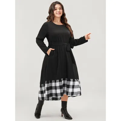 Bloomchic Women's Plus Size Plaid Patchwork Pocket Belted Asymmetrical Hem Dress Black Plaid Dailywear Belted 