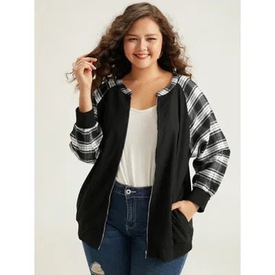 Bloomchic Women's Plus Size Plaid Patchwork Pocket Zipper Fly Jacket Black Elastic Cuffs 12/l