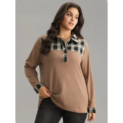 Bloomchic Women's Plus Size Plaid Patchwork Polo Waffle Knit Button Up T-shirt Lightbrown Dailywear Long Sleev In Brown