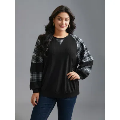 Bloomchic Women's Plus Size Plaid Patchwork Raglan Sleeve Sweatshirt Black Casual 10/m