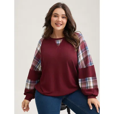 Bloomchic Women's Plus Size Plaid Patchwork Raglan Sleeve Sweatshirt Burgundy Casual 14-16/1x