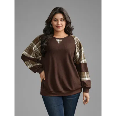 Bloomchic Women's Plus Size Plaid Patchwork Raglan Sleeve Sweatshirt Darkbrown Casual 10/m In Brown