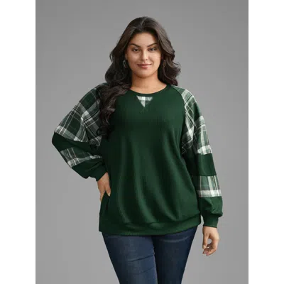 Bloomchic Women's Plus Size Plaid Patchwork Raglan Sleeve Sweatshirt Darkgreen Casual 10/m In Green