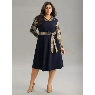 Bloomchic Women's Plus Size Plaid Patchwork Rib Knit Shirt Collar Belted Dress Indigo Office Printed 14-16/1x In Purple