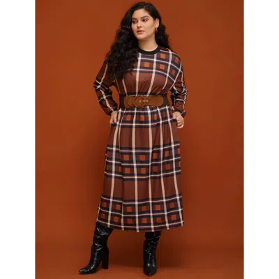 Bloomchic Women's Plus Size Plaid Patchwork Round Neck Lantern Sleeve Pocket Midi Dress Tan Plaid Dailywear Pa In Brown