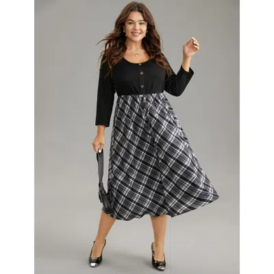 Bloomchic Women's Plus Size Plaid Patchwork Scoop Neck Button Detail Dress Black Office Printed 18-20/2x