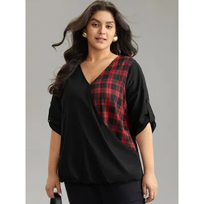 Bloomchic Women's Plus Size Plaid Patchwork Wrap Tab Sleeve Blouse Black Everyday 3/4 Sleeve 10/m