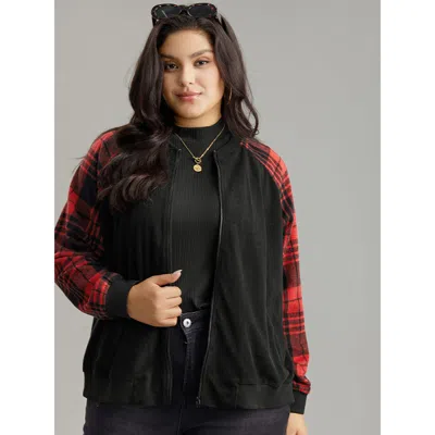 Bloomchic Women's Plus Size Plaid Patchwork Zipper Pocket Bomber Jacket Black Elastic Cuffs 10/m