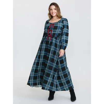 Bloomchic Women's Plus Size Plaid Pattern Bowknot Pockets Maxi Dress Darkgreen Plaid Maxi Casual Tie Knot 14-1 In Green