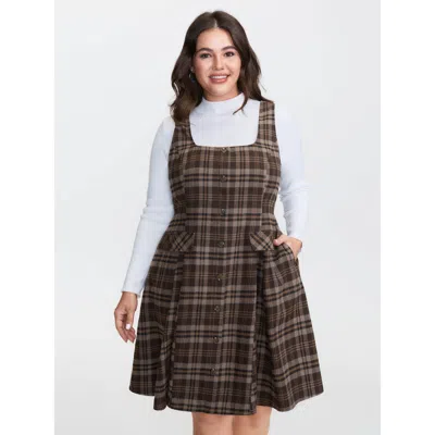 Bloomchic Women's Plus Size Plaid Pattern Button Pockets Mini Dress Darkbrown Plaid Midi Casual Non 28/5x In Brown