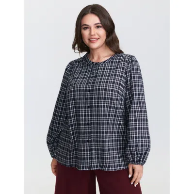Bloomchic Women's Plus Size Plaid Pattern Button-down Blouse Indigo Plaid Casual Long Sleeve 10/m In Purple