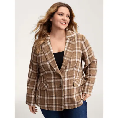 Bloomchic Women's Plus Size Plaid Pattern Button-front Blazer Browncoffeecolor Button Sleeve Long Sleeve 30/6x
