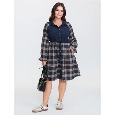Bloomchic Women's Plus Size Plaid Pattern Contrast Shirt Midi Dress Indigo Plaid Midi Casual Colorblock 10/m In Purple