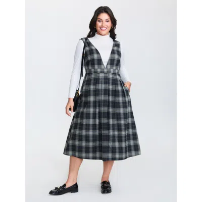 Bloomchic Women's Plus Size Plaid Pattern Deep V-neck Midi Dress Midnight Plaid Midi Casual 22-24/3x In Blue