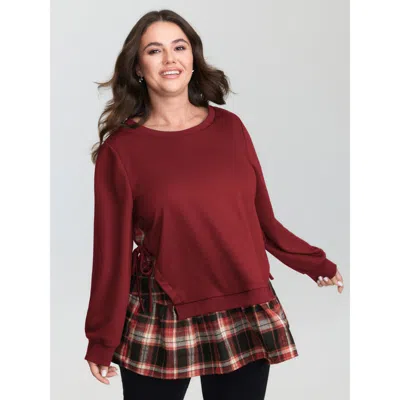 Bloomchic Women's Plus Size Plaid Pattern Layered Stretchy Sweatshirt Scarlet Not Graphics Casual Round Neck 3 In Red
