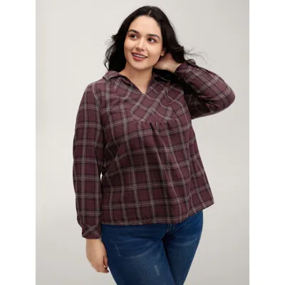 Bloomchic Women's Plus Size Plaid Pattern Relaxed-fit Collar Blouse Burgundy Plaid Casual Long Sleeve 30/6x