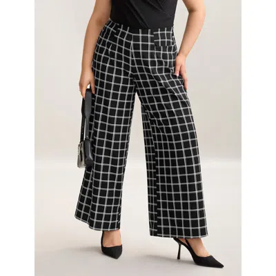 Bloomchic Women's Plus Size Plaid Pattern Stretchy Waist Wide-leg Pants Black Plaid Wide Leg Mid Rise Office 1